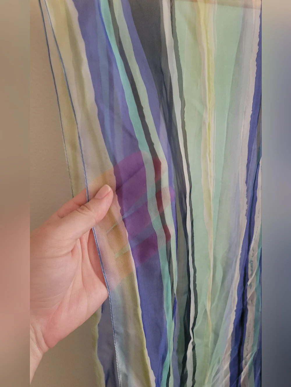 Vtg Gauzy Sheer Cool Striped Scarf, Navy Blue, Periwinkle, Mint & Green